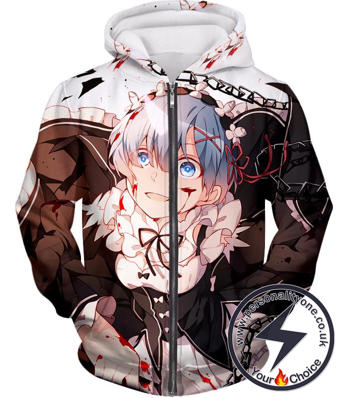 Re:Zero Anime Girl Maid Rem Blood Action Zip Up Hoodie